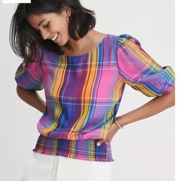 Ann Taylor Madras Plaid Smocked Hem Top - Picture 1 of 5